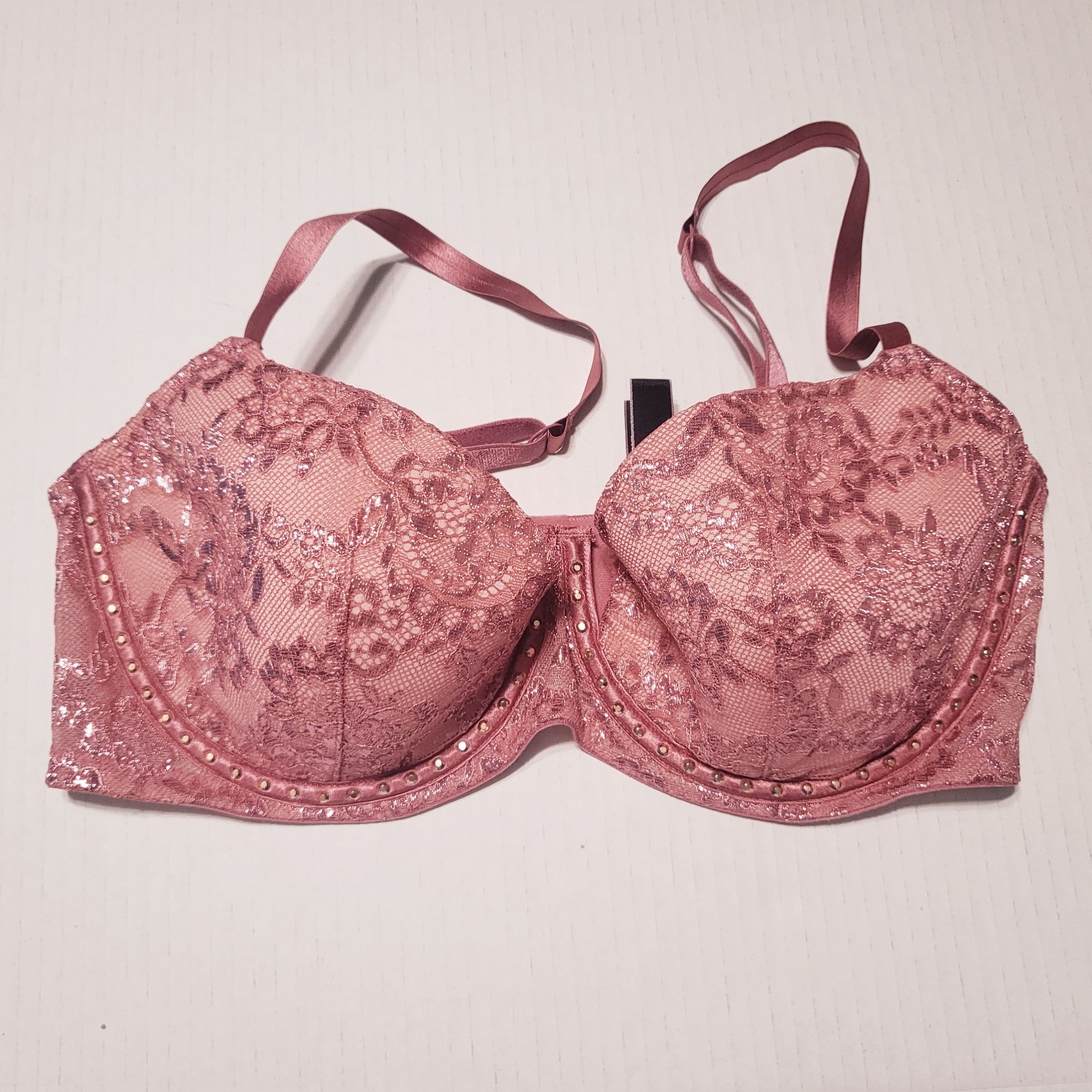 Victorias Secrets Very Sexy Soft Begonia Shine LACE Rhinestone Balconet Bra 34 D