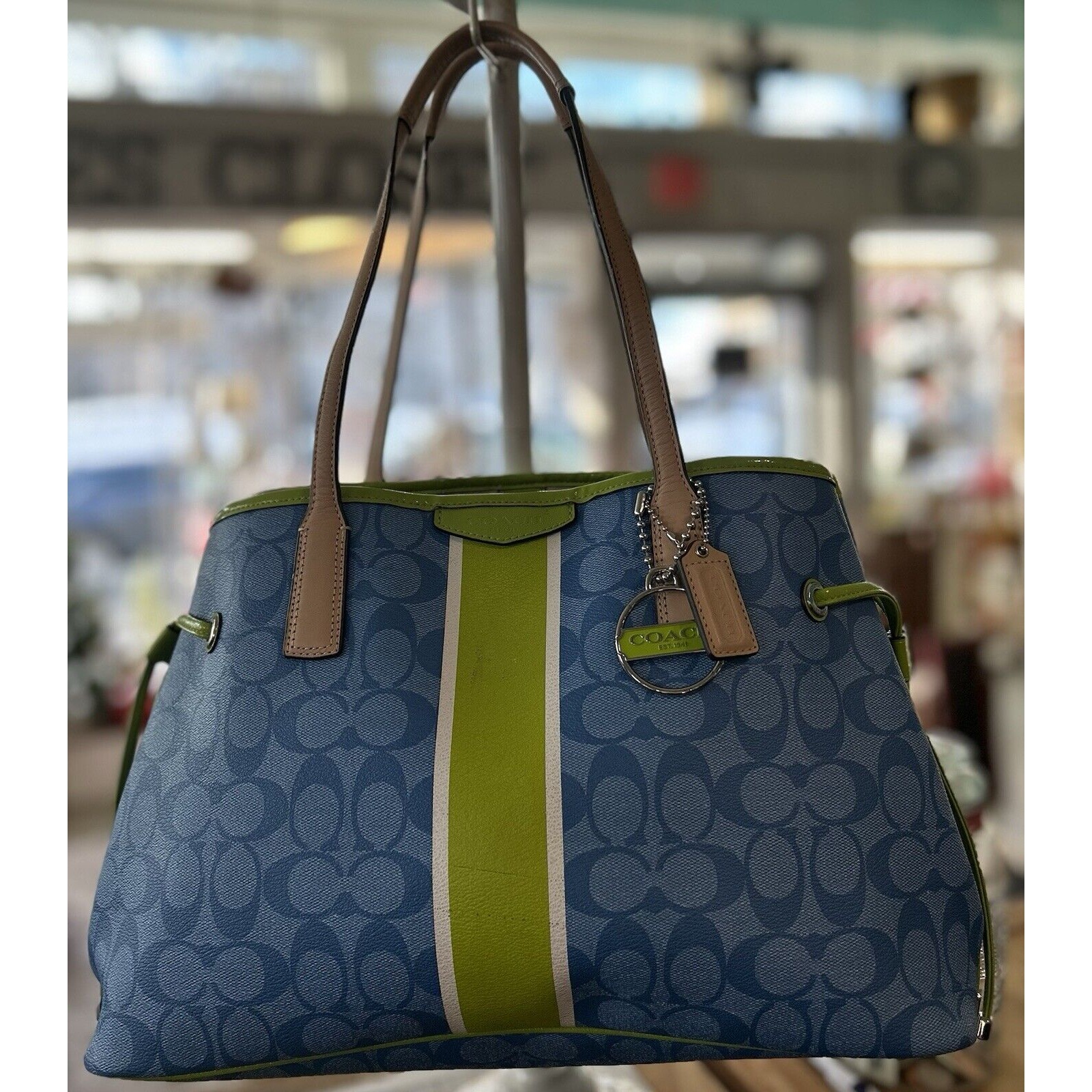 COACH Signature Stripe Blue/ Lime Green Carryall Shoulder Bag M1381-F29064
