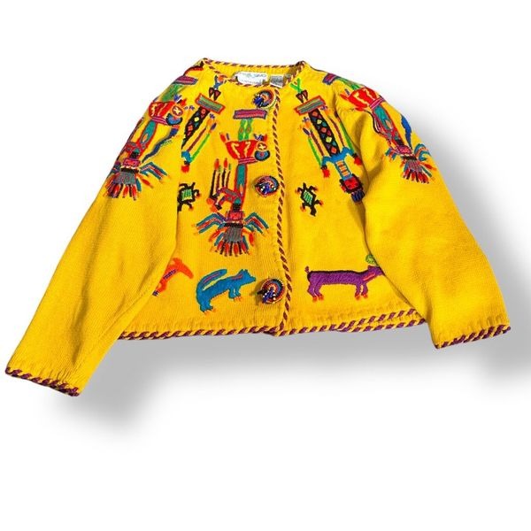 Vintage 90s Michael Simon For Henri Bendel Cardigan Sweater Embroidered Yellow