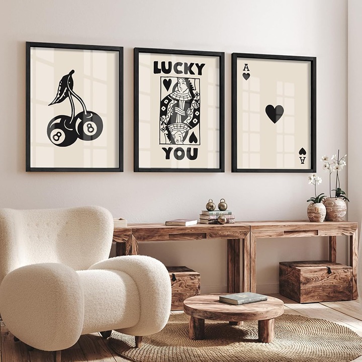 Set of 3 Poker Wall Art Lucky You Poster, Trendy Retro Print Wall Decor for Quee