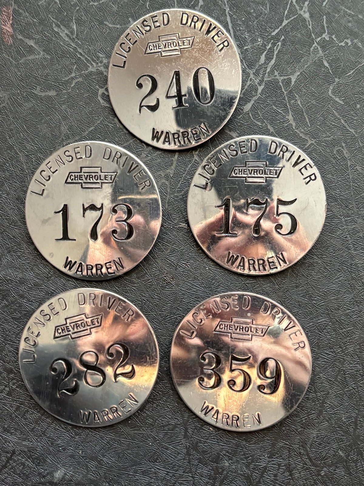 Five Vintage Chevrolet Licensed Driver Pins - Warren
