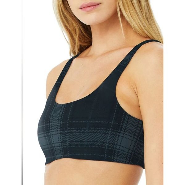 ALO YOGA Vapor Legacy Plaid Sports Bra Black Gray Plaid Size Small