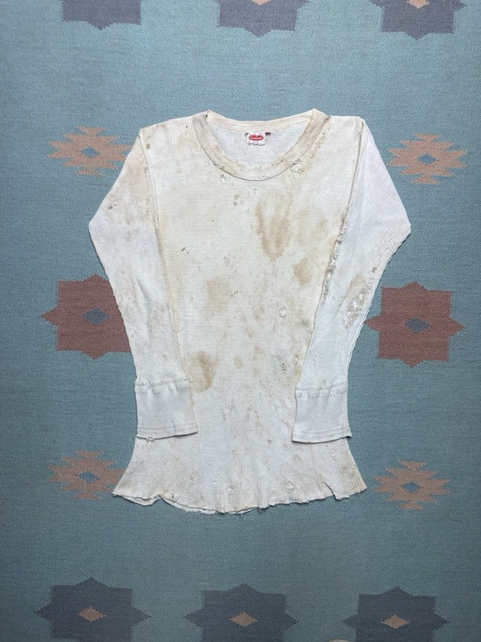 Vintage 1950s waffle knit thermal shirt long sleeve distressed thrashed small