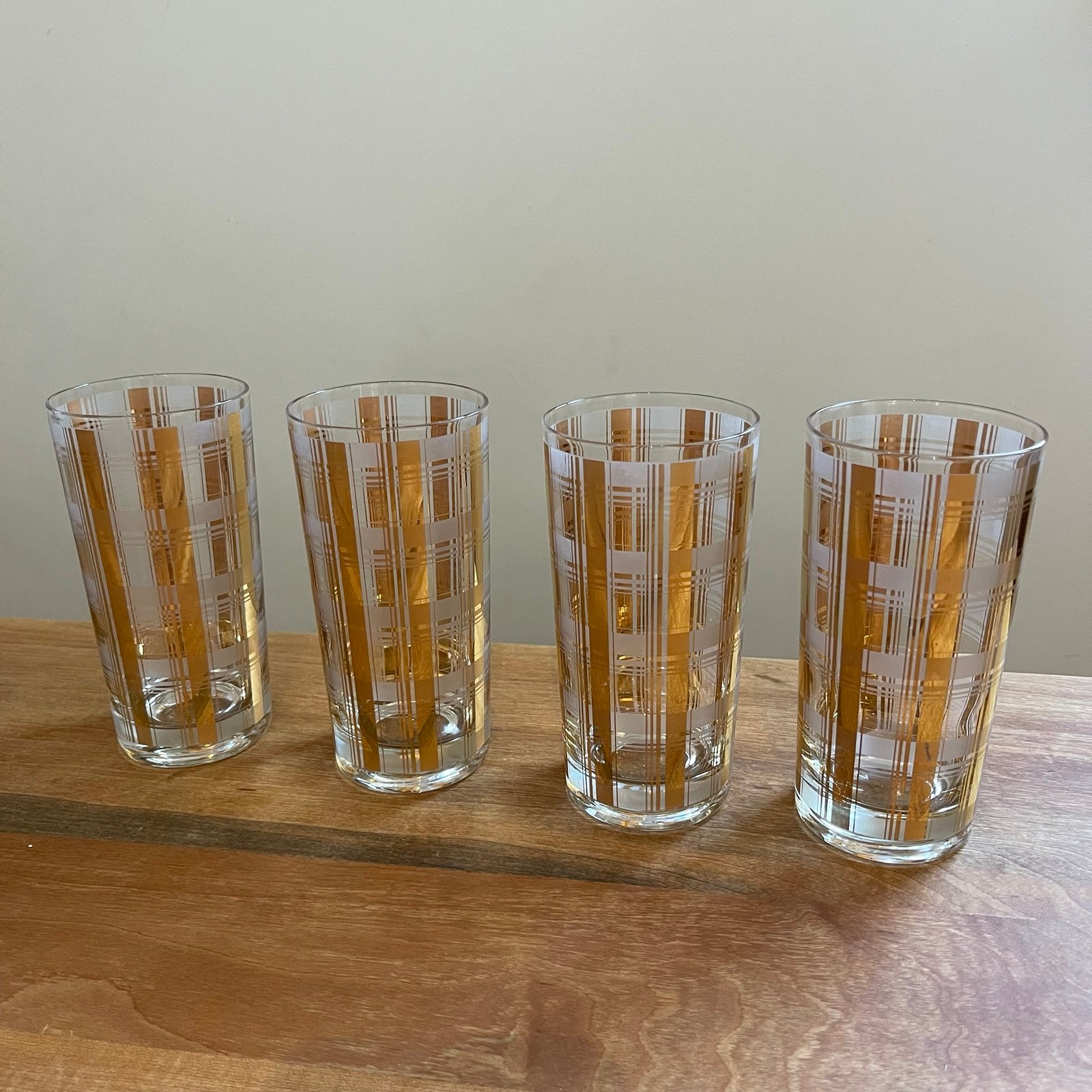 Set of Four Culver Gold Plaid Glass Tumblers MCM Midcentury Bar Cocktail