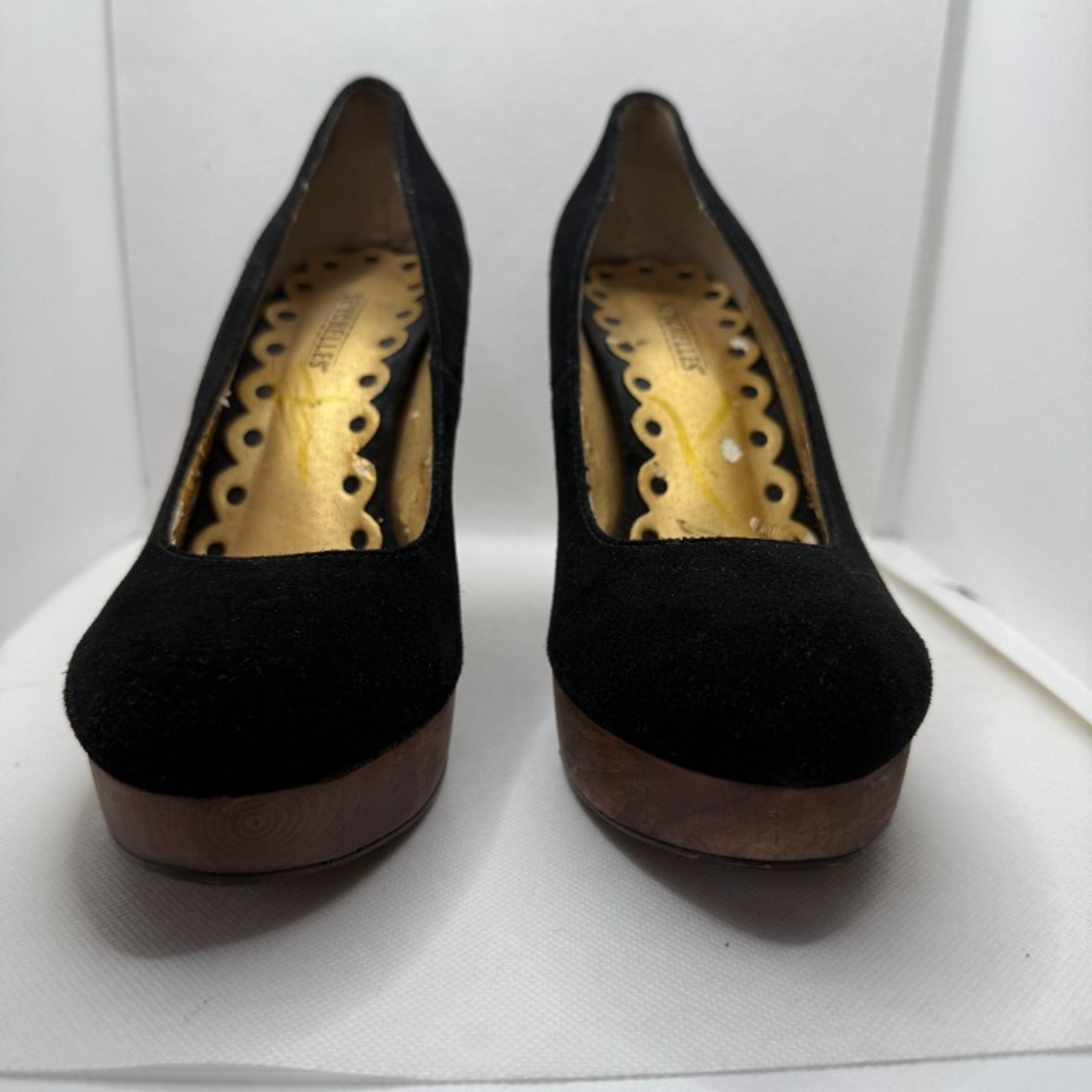 Seychelles On The Wire Platform Pump Black Suede Wooden 4 inch heel, size 7