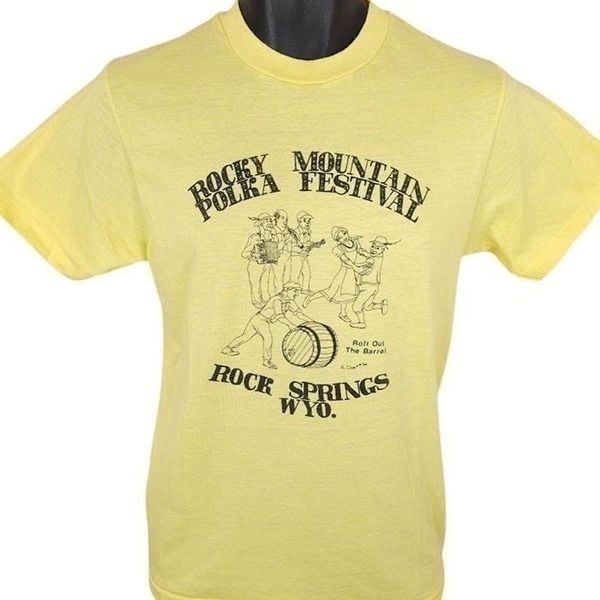 Vintage Rocky Mountain Polka Festival T Shirt Mens Size Small Yellow 80s USA