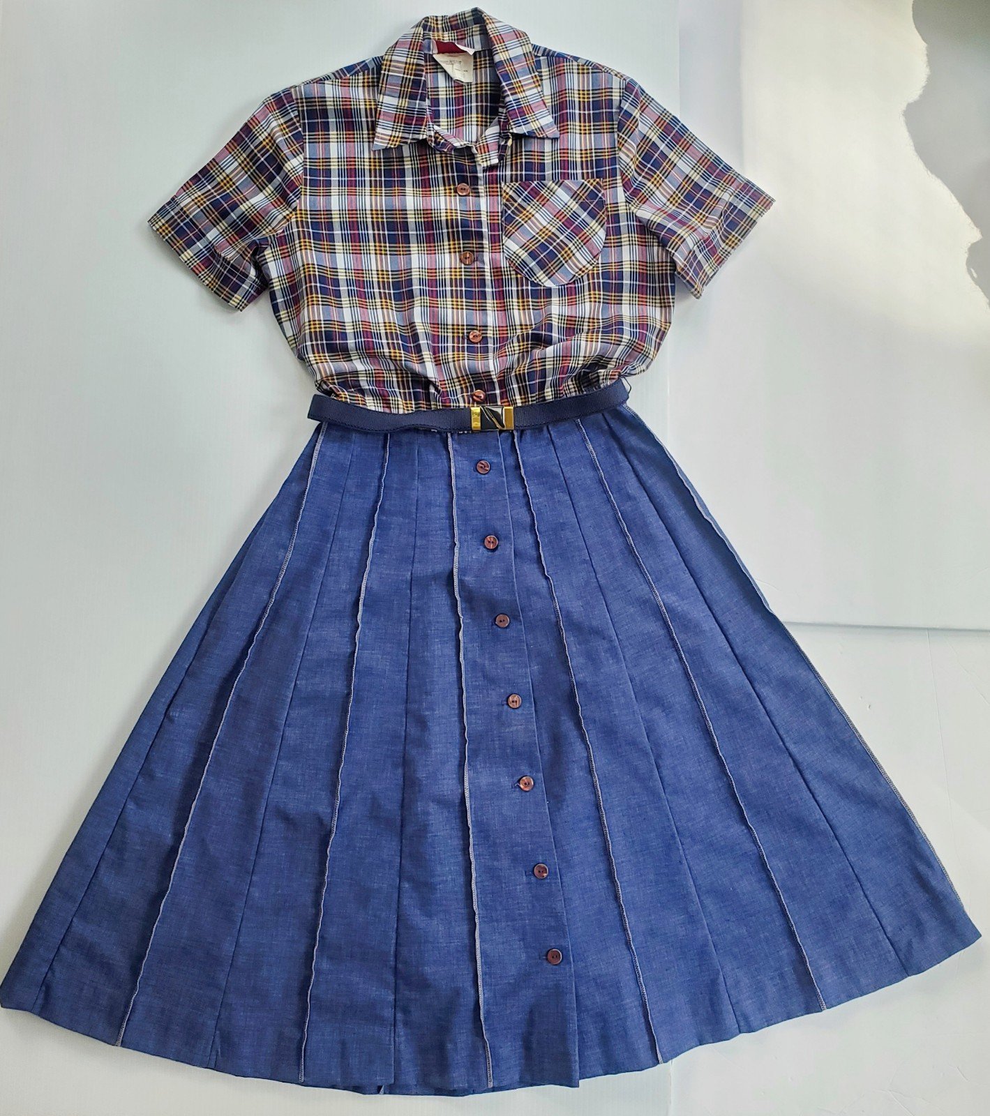 Vintage Serbin Designed Muriel Ryan Button Front Plaid Denim Belted Womens Dress