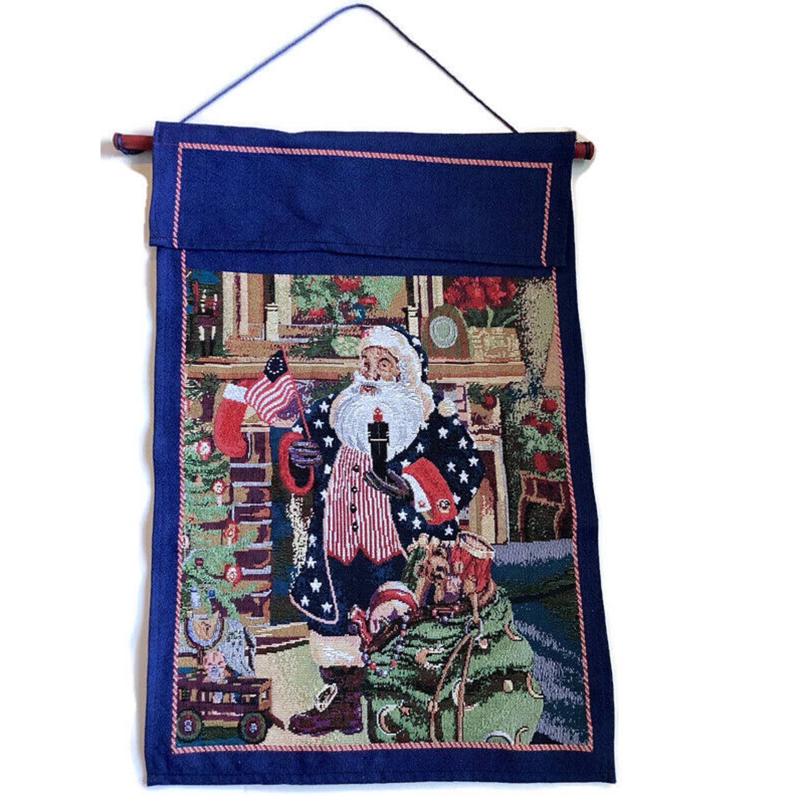 Vintage Santa with American Flag Needlepoint Wall Tapestry Cobalt Blue