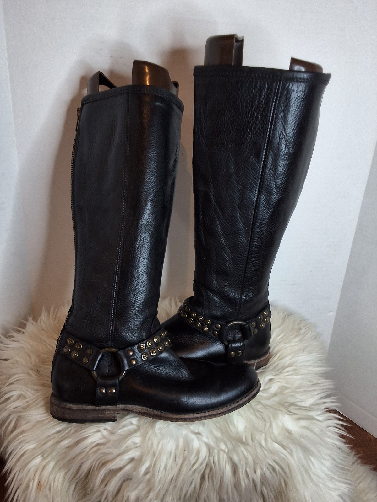 Frye Phillip Harness black biker studded riding boots 6.5