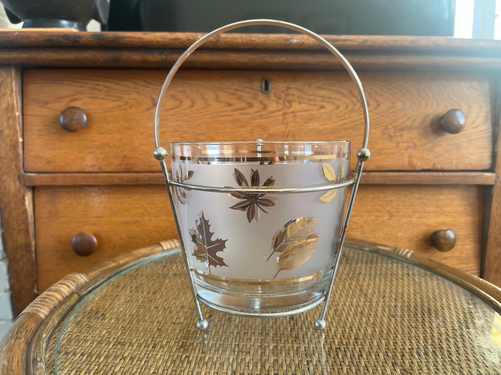 Gold Foliage Ice Bucket with Caddy Frosted Gold Leaf Ice Bucket and Metal Stand
