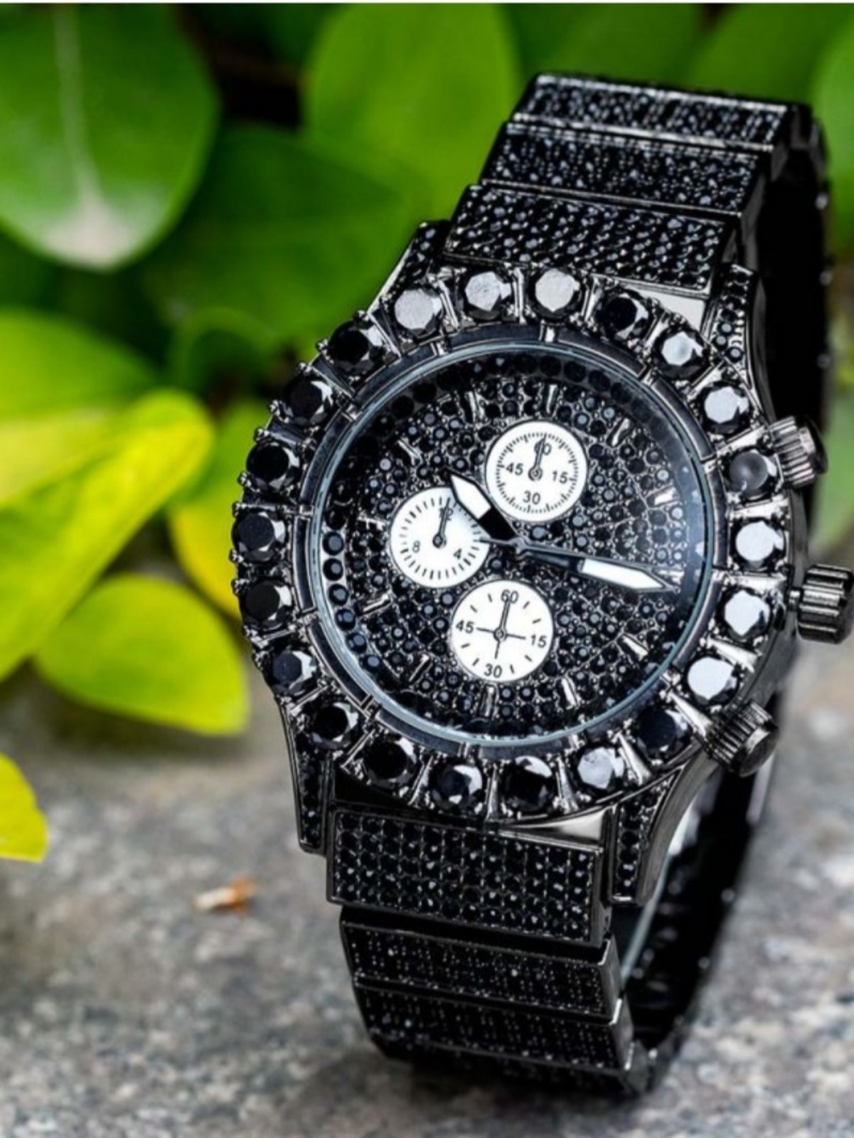 Iced Round Cut Men's Watch in Black Gold
