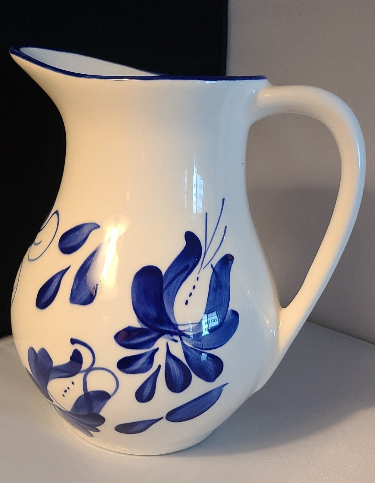 PITCHER White with Blue Floral Design made in Colombia beautiful Heavy Ceramic