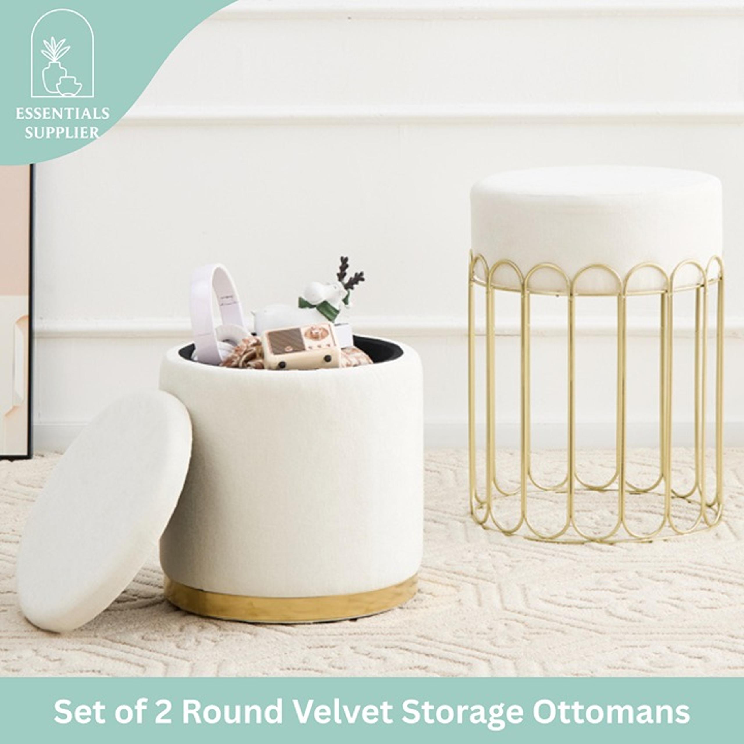 Set of 2 Round Velvet Storage Ottomans with Removable Lids – White