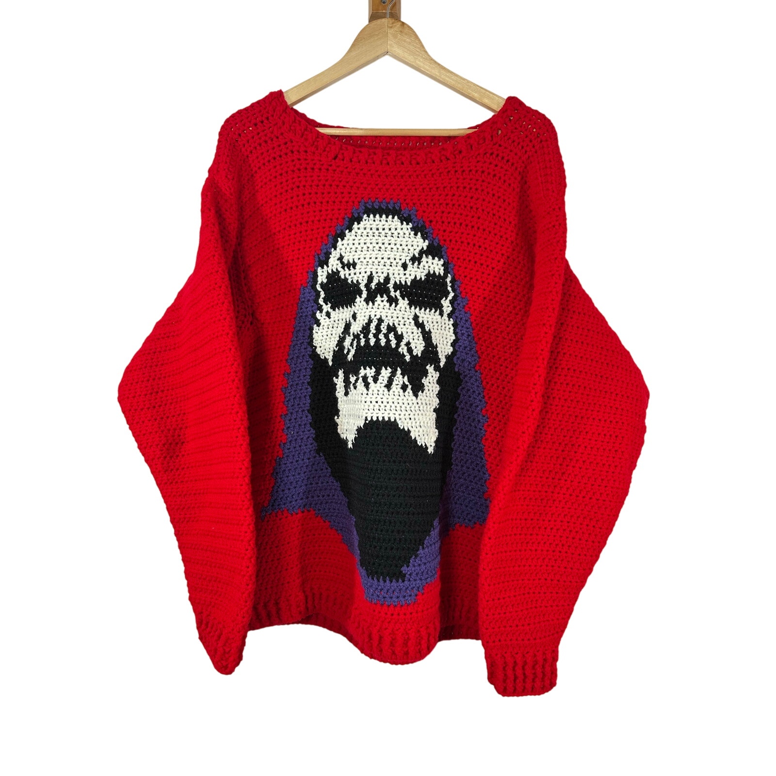 HAND KNIT Skeletor He-Man Red sweater Mens size XL 80's nostalgia novelty