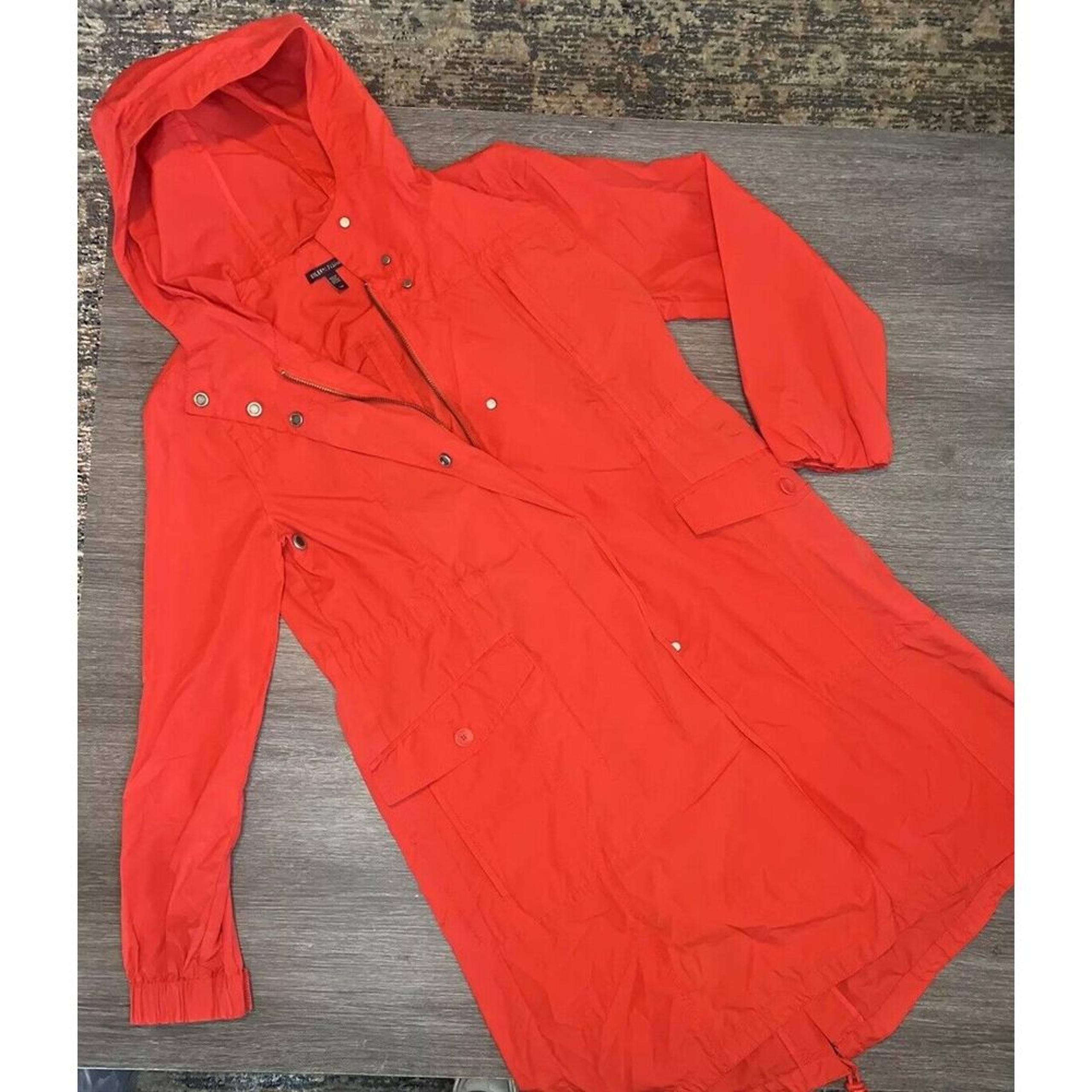 Eileen Fisher Raincoat Womens S Red Salmon Long Jacket Zip Pockets Hooded Lightw