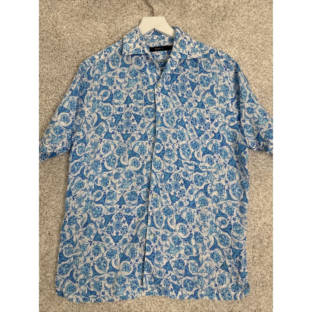 Ermenegildo Zegna Sport Flax Linen Blue/White Floral Short Sleeve Button Down S
