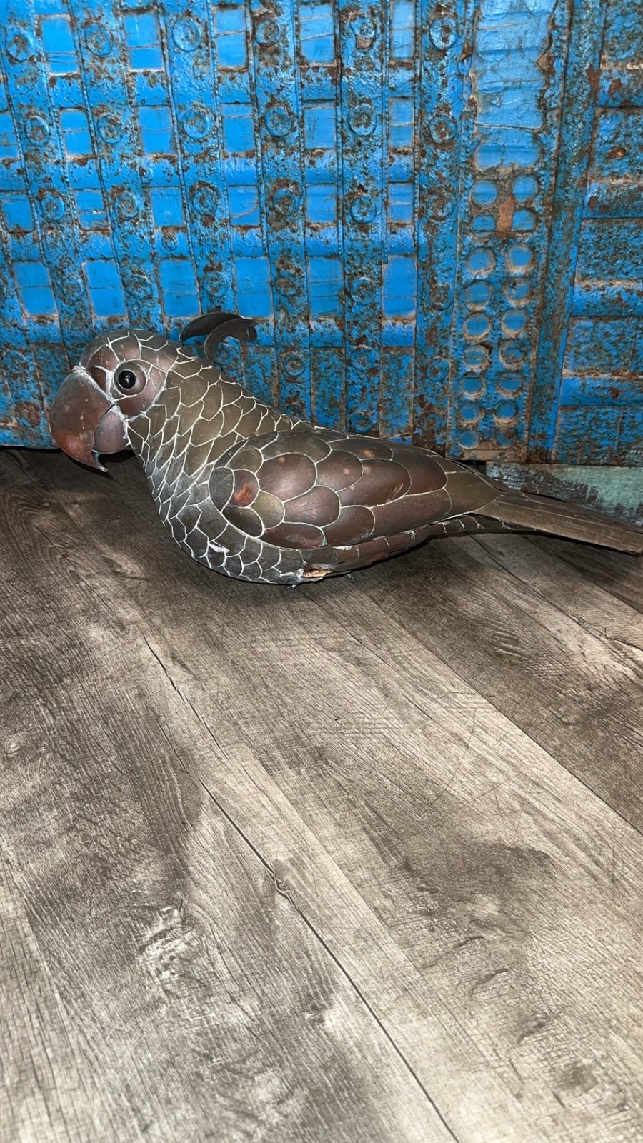 vintage brutalist metal art copper parrot