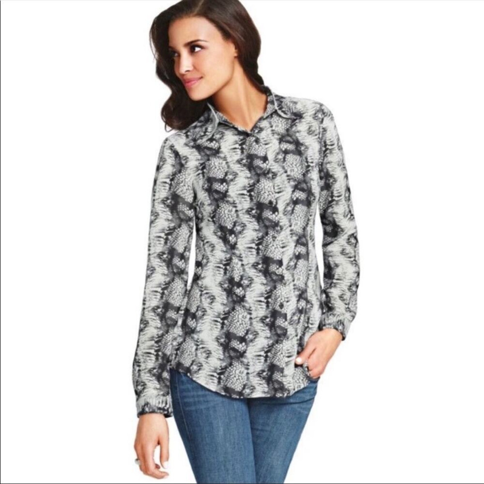 CAbi Sheer Snake Print Button Down Blouse Sz S
