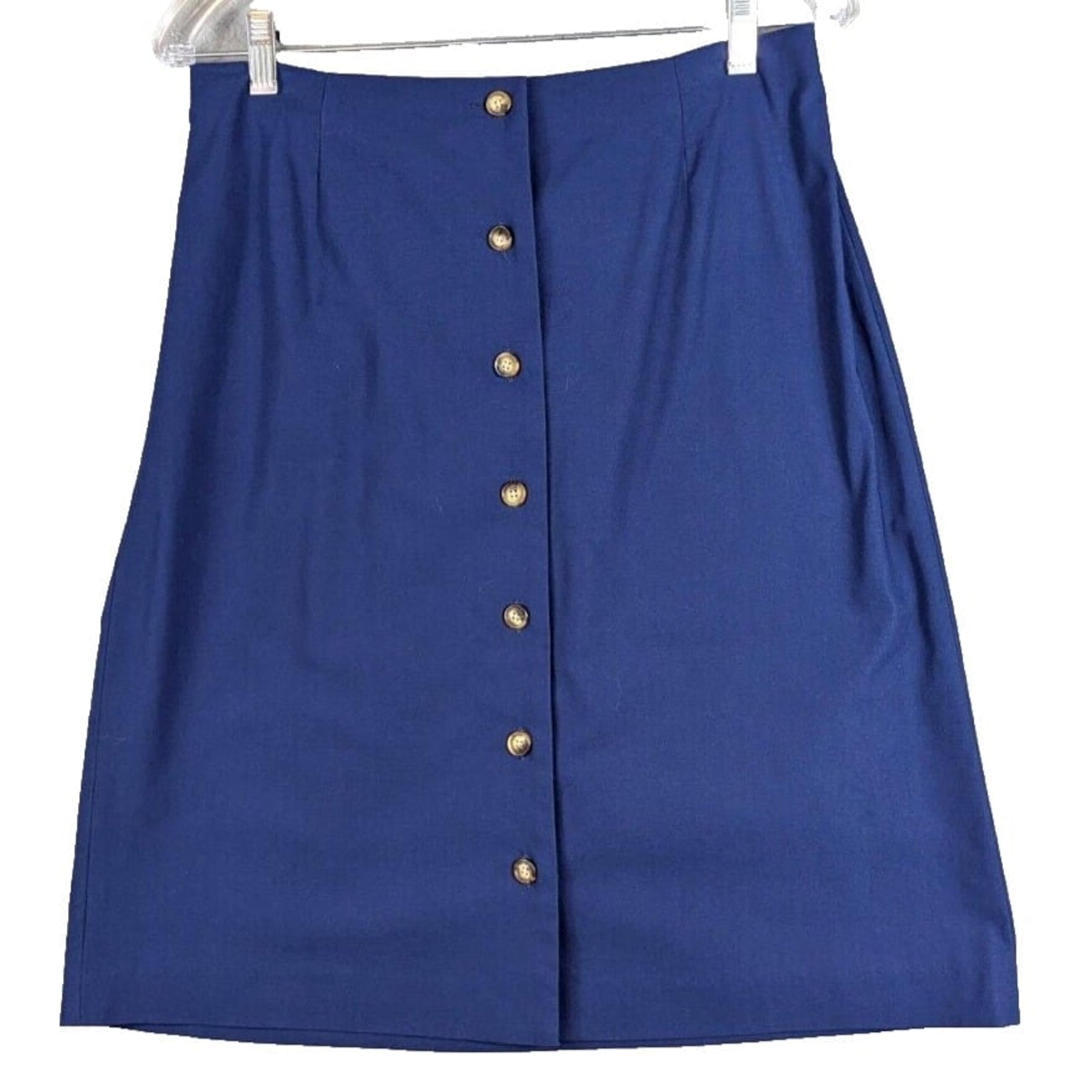 Orvis Skirt Womens Blue Midi Button Front A-Line Cotton Stretch Minimalist Sz 10
