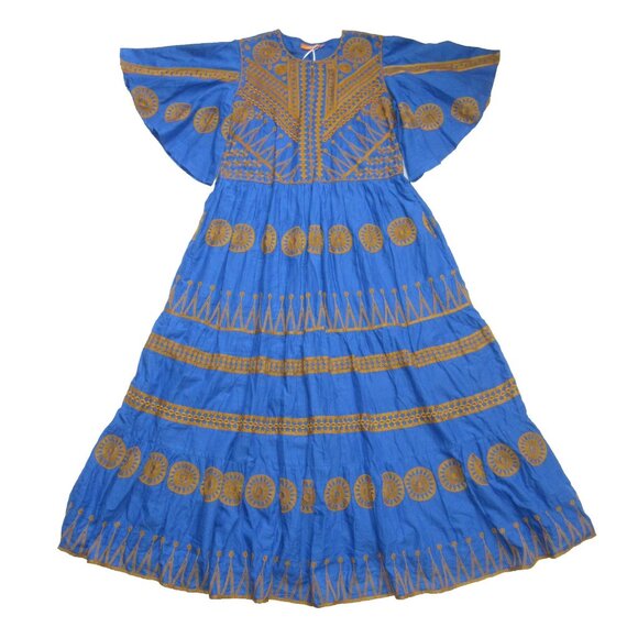 NWT Oliphant Flirty V-neck Maxi in Soleil Blue Embroidered Cotton Dress M 398