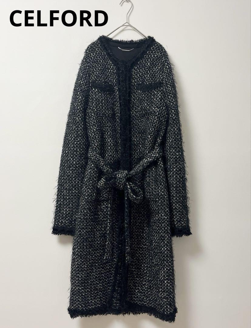 Self-Portrait Long Coat for Women, Size 36, with Belt, Tweed-like, Lametta, Black