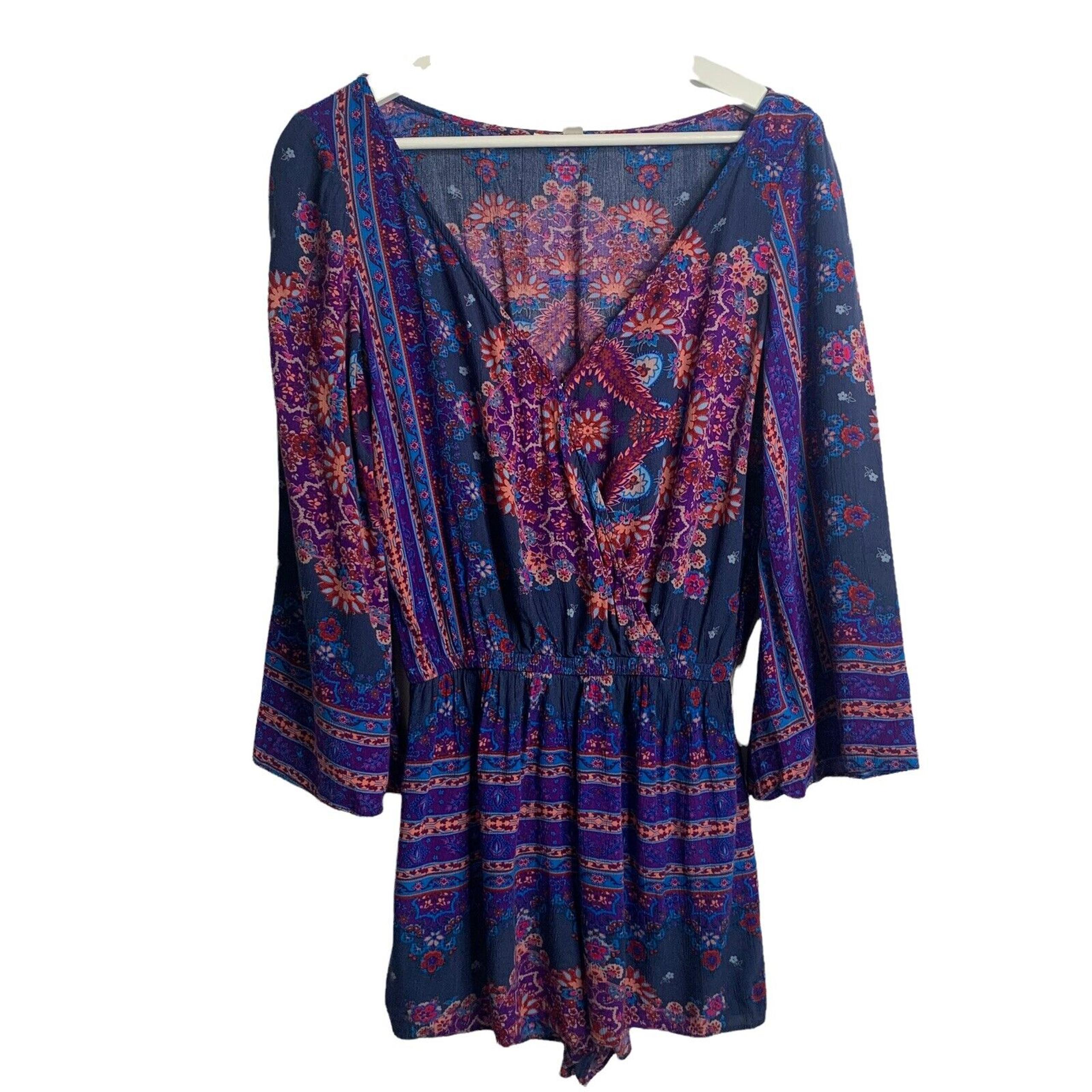 American Eagle Sz XS Romper Multi Color Paisley Bell Sleeve Deep V-Neck Women’s