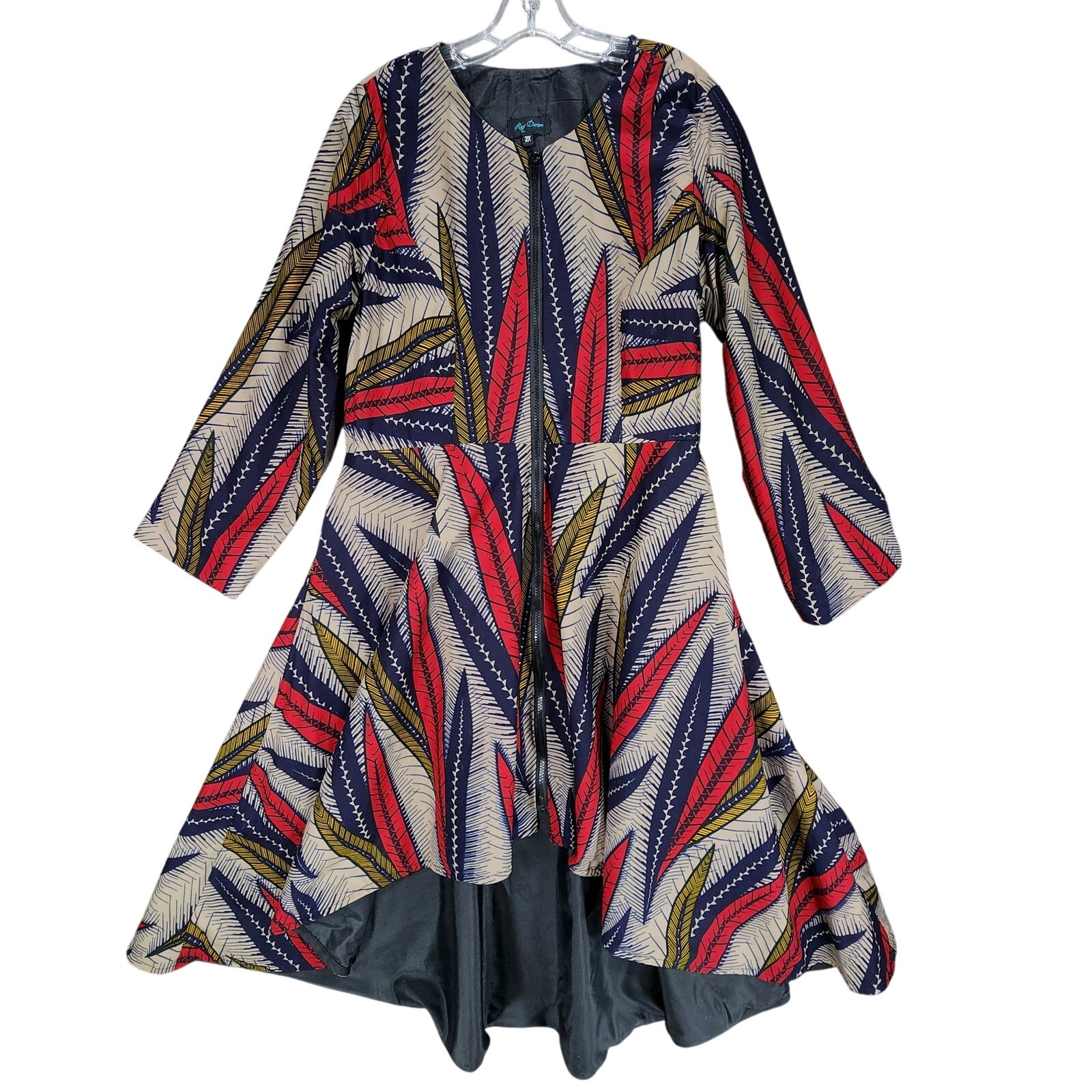 Ray Darten Midi Dress sz 2X Jacket Coat High Low African Leaf Print Black Red