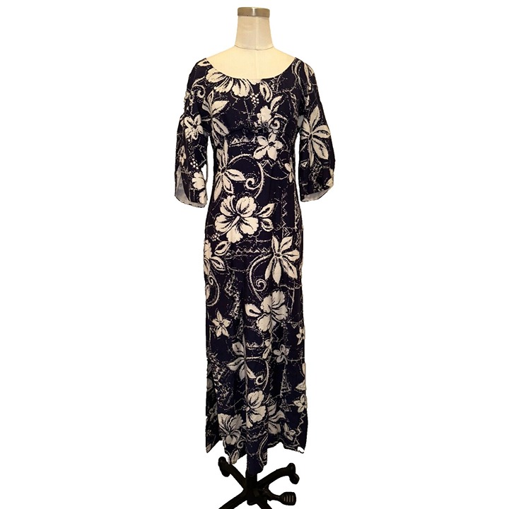 Vintage WOMENS 60s Andrade MADE IN Hawaii Floral MAXI Dress BLUE WHITE SZ M