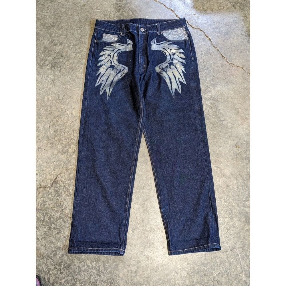 Rare Rama Bedazzled Skull Wing Jeans Vintage Y2K Skater Streetwear 36x34