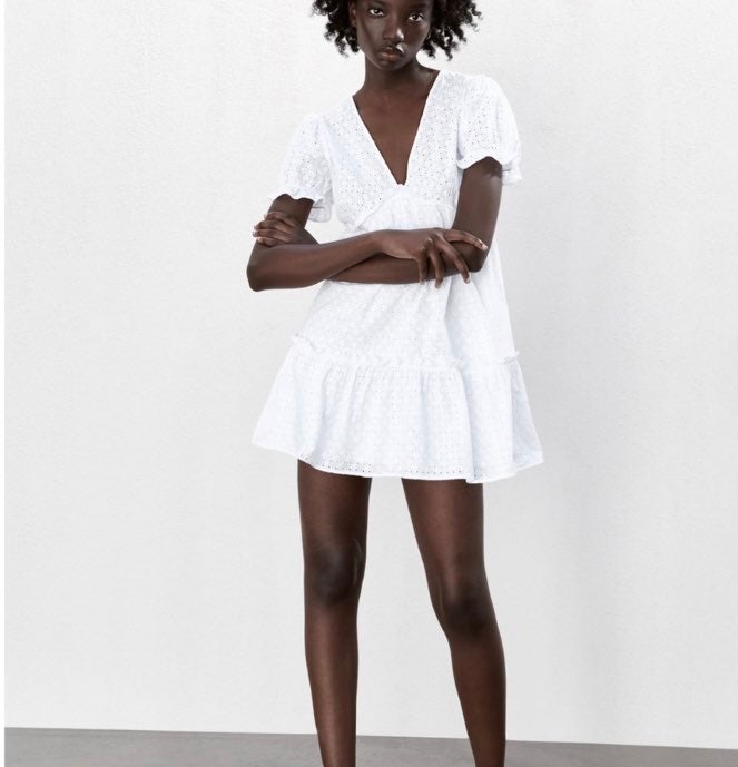 Zara 100% Cotton Openwork Eyelet Embroidered V Neck Ruffle Dress