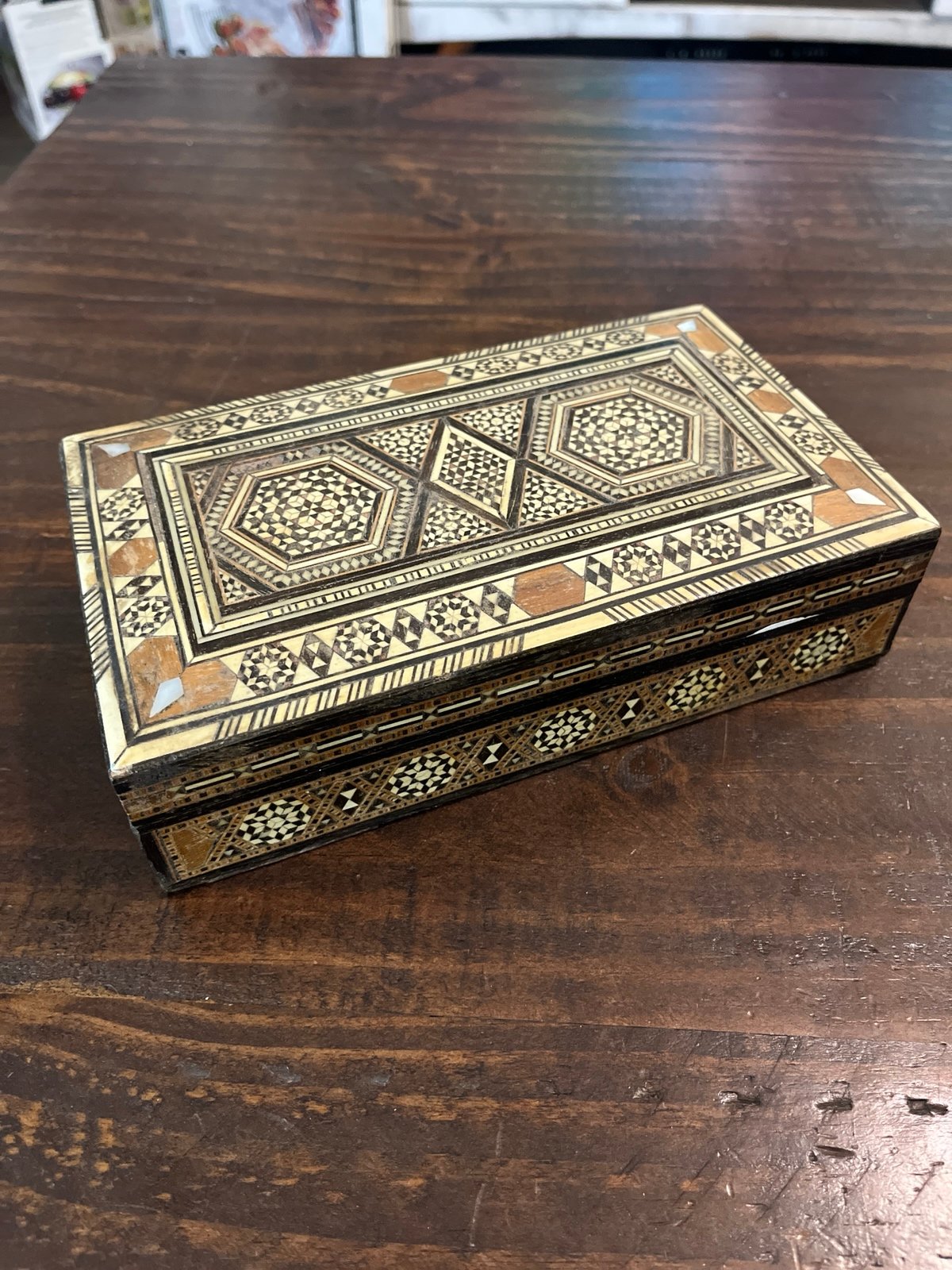 Vintage Moorish-Patterned Mother-Of-Pearl Inlaid Damascene Box
