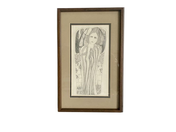 Vintage Framed Pencil Drawing of Witchy Woman in the Moonlight Original Art