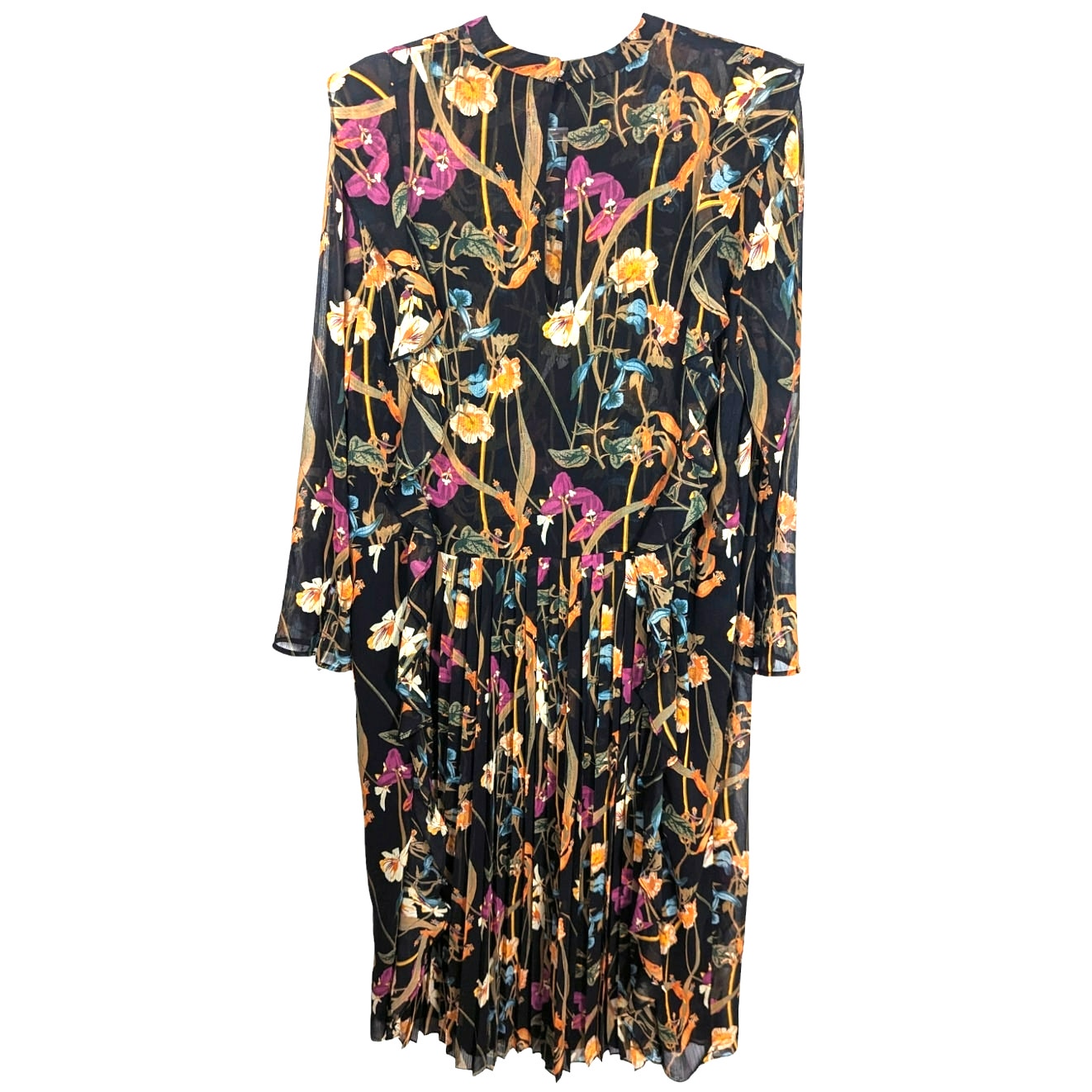 Aritzia Little Moon Midi Dress Dark Floral Sheer Ruffle Key Hole Back Pleated L