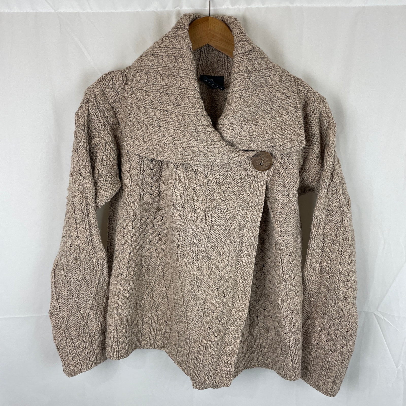 Aran Woollen Mills Wool Cardigan Sweater Cable Knit Merino Ivory Women's Size M