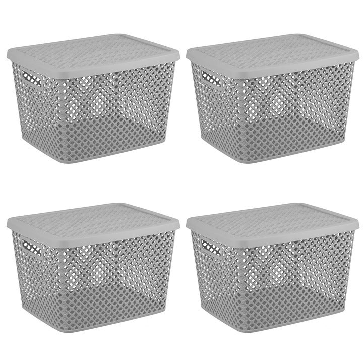 Extra Large Decorative Plastic Storage Basket w/Lid, Gray 4 Prc