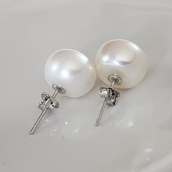 925 Sterling Silver 11mm Button White Cultured Freshwater Pearl Stud Earrings