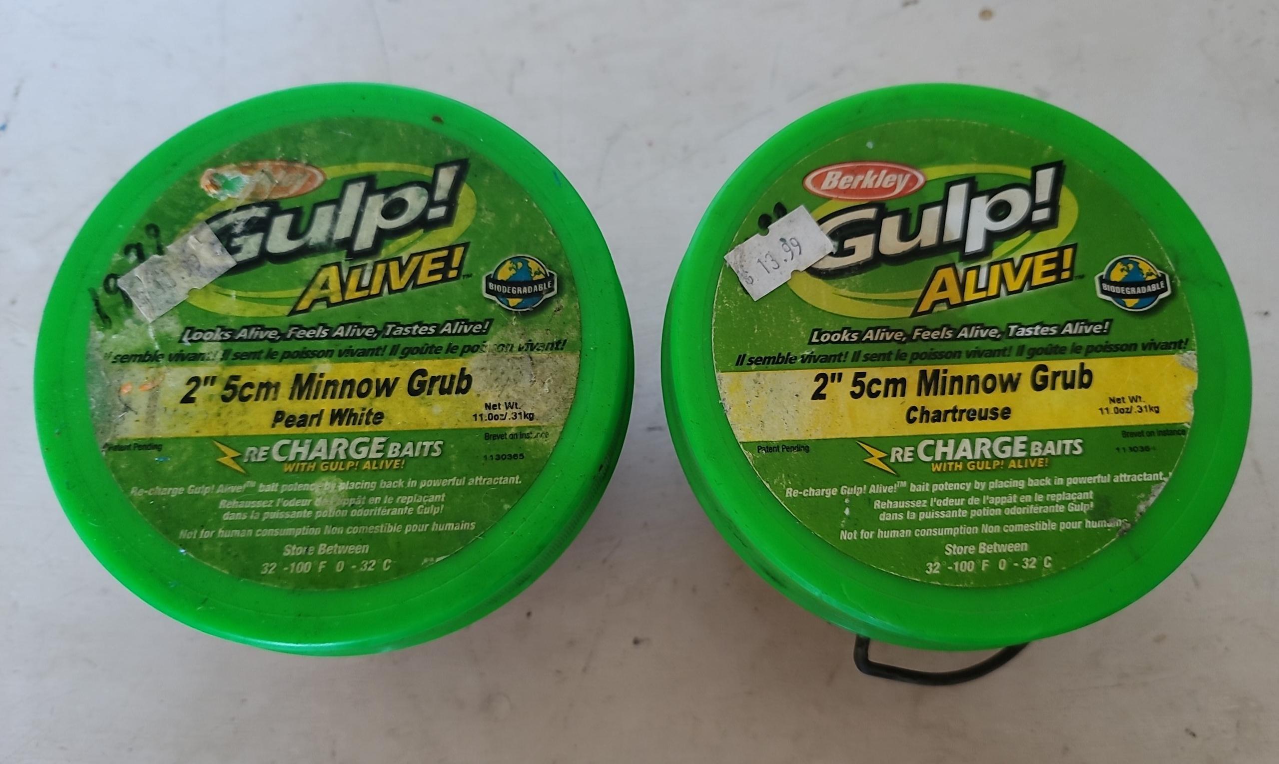 2 Pint Buckets Berkley Gulp Alive! 2" 5cm Minnow Grubs Pearl White/ChartreuseNEW