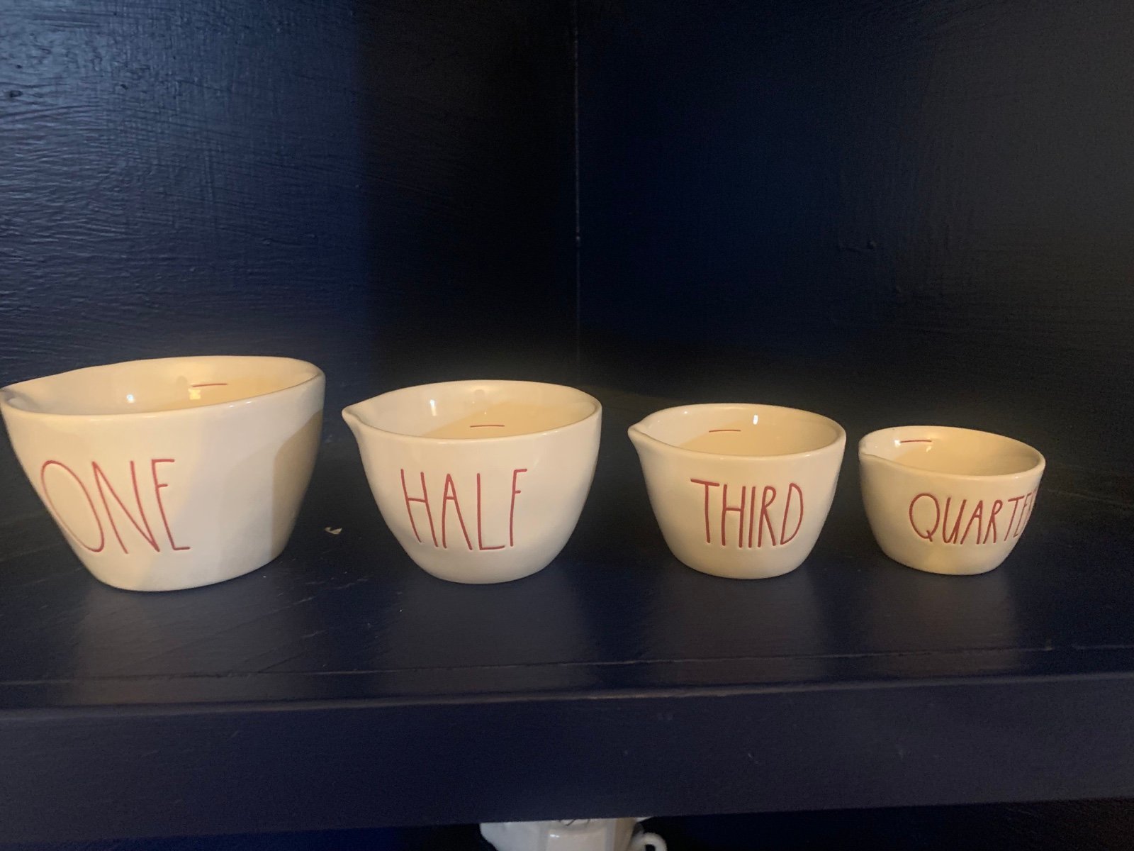 Rae Dunn white with red letter measuring cups