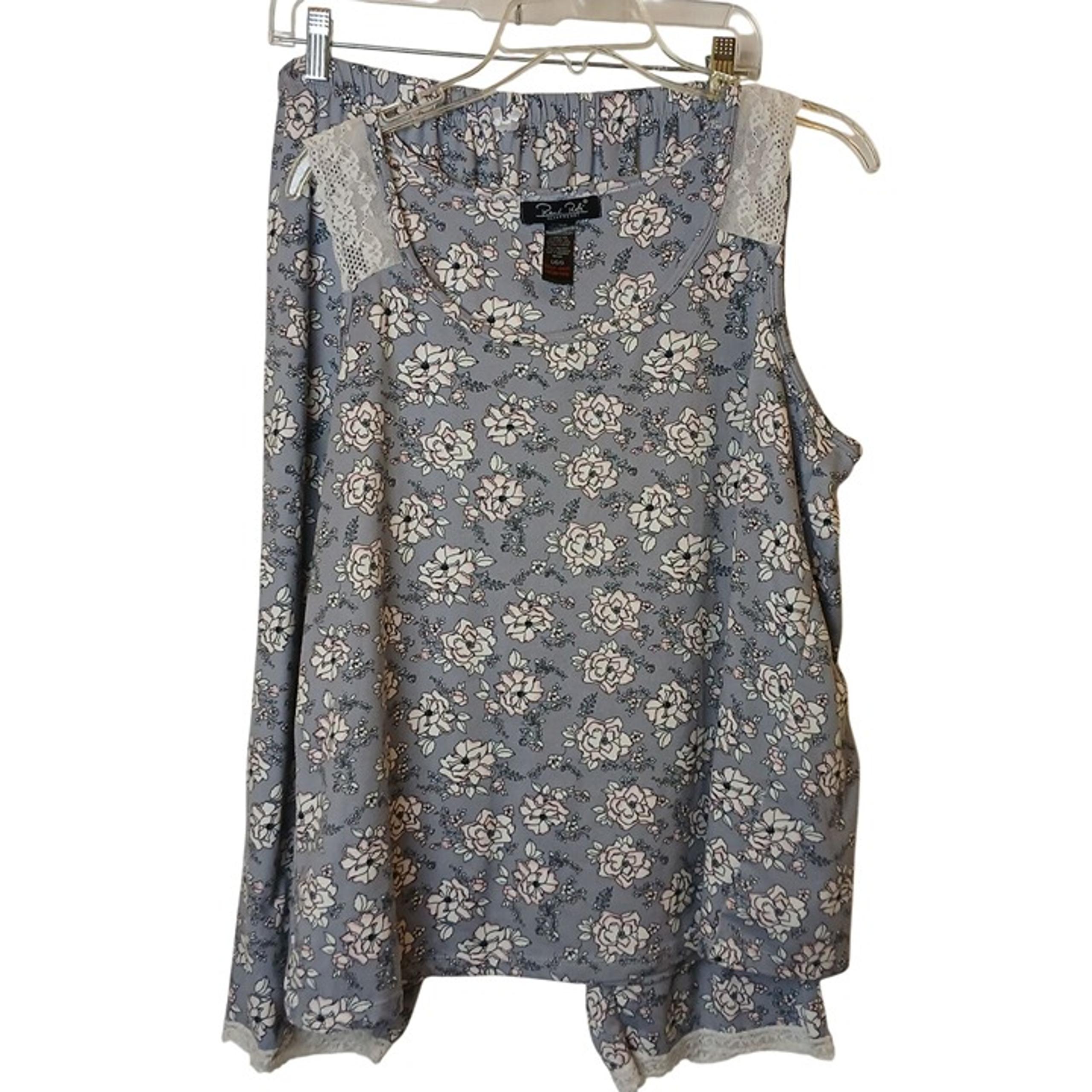 Rene Rofe Womens Large Gray Floral Pajama Set Lace Trim Tank Top Capri  #I-11