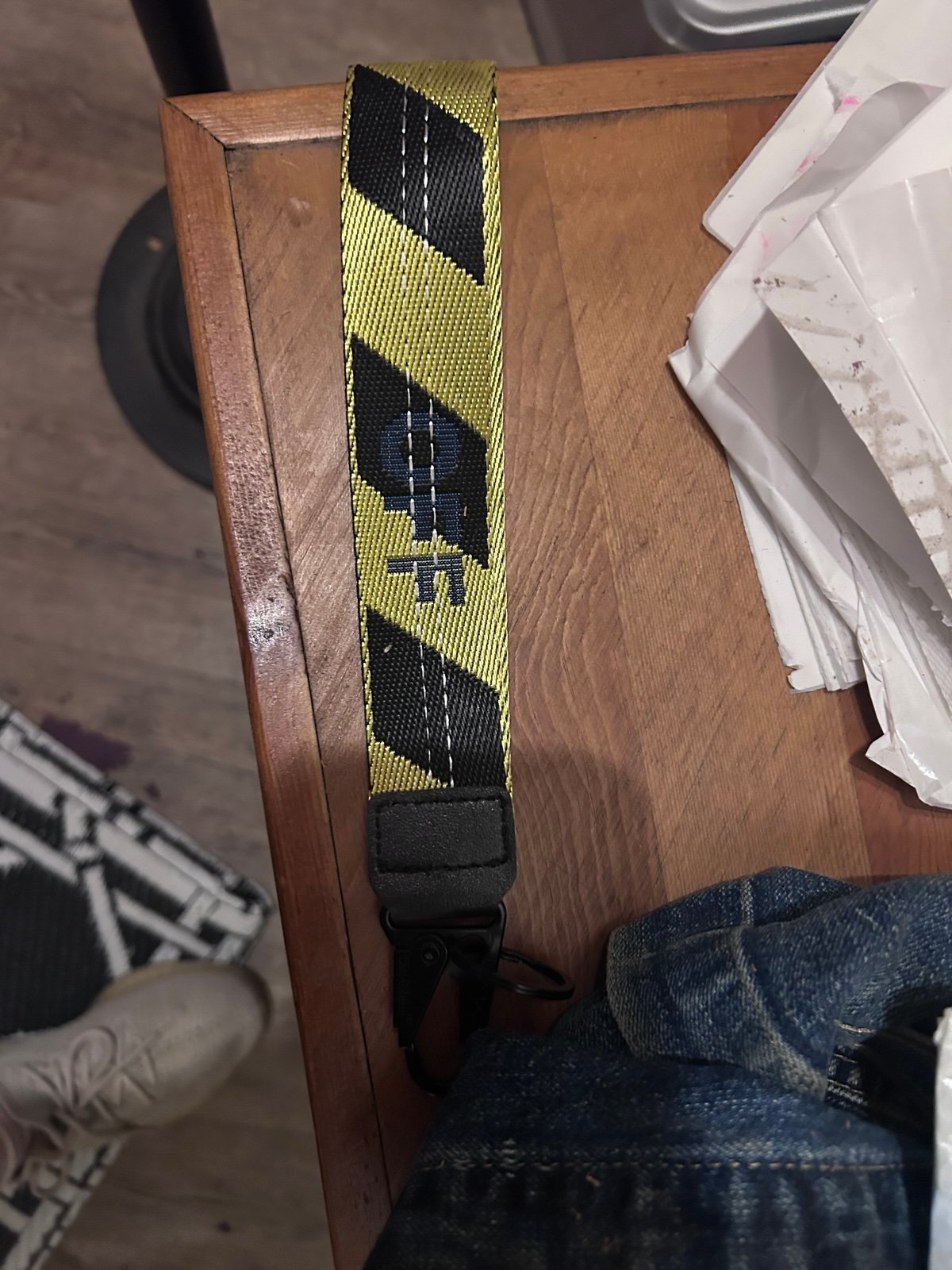 Off white keychain with off white tag yellow and black