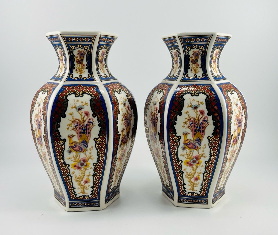 Vintage Set of 2 Japanese Peacock Vase 8.25” Made in Japan