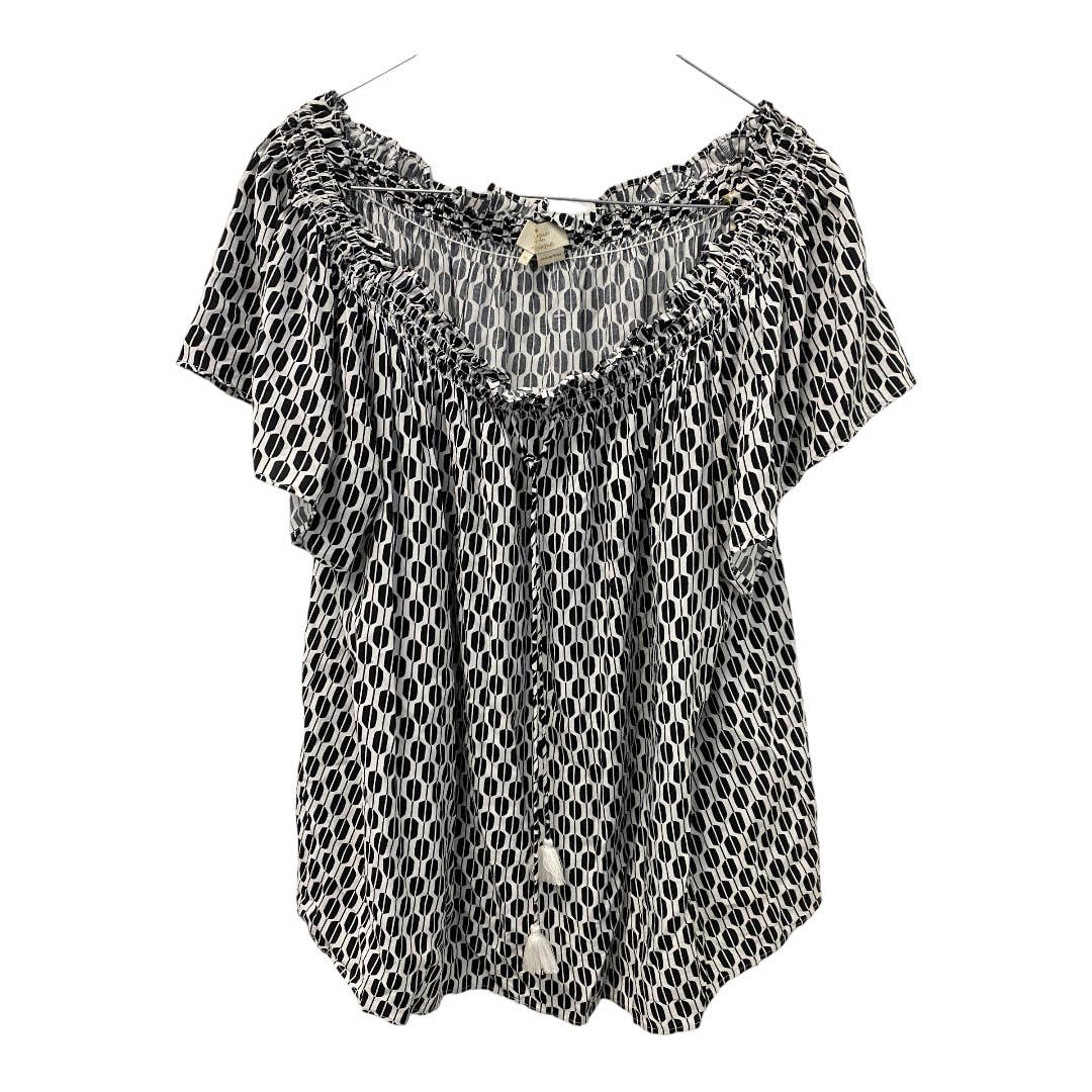 Kate Spade Top XL Black White Off The Shoulder Tasseled Rayon Smocked Blouse