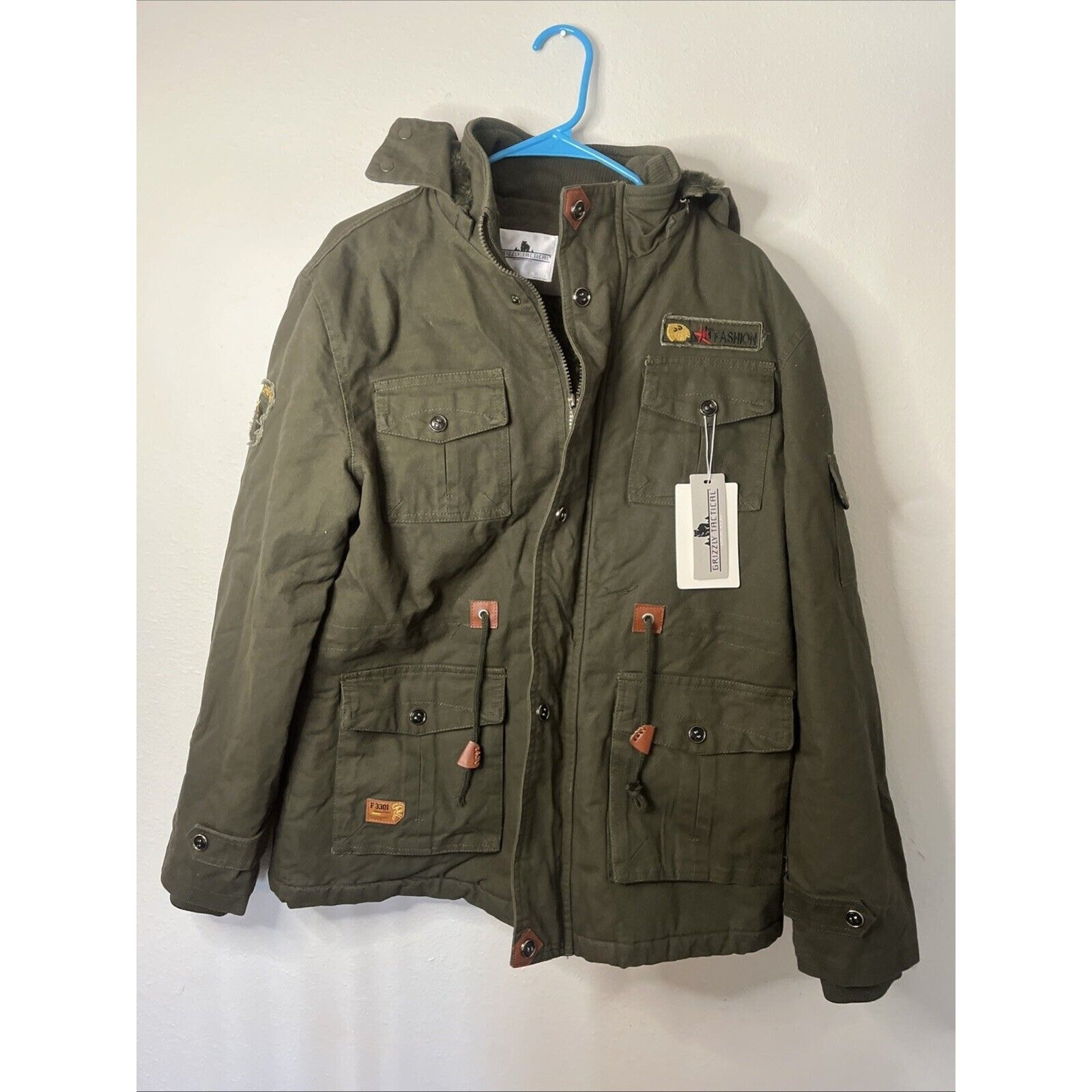 NWT GRIZZLY TACTICAL MENS FULL ZIP & SNAP HOODED LINED JACKET SZ. L army green
