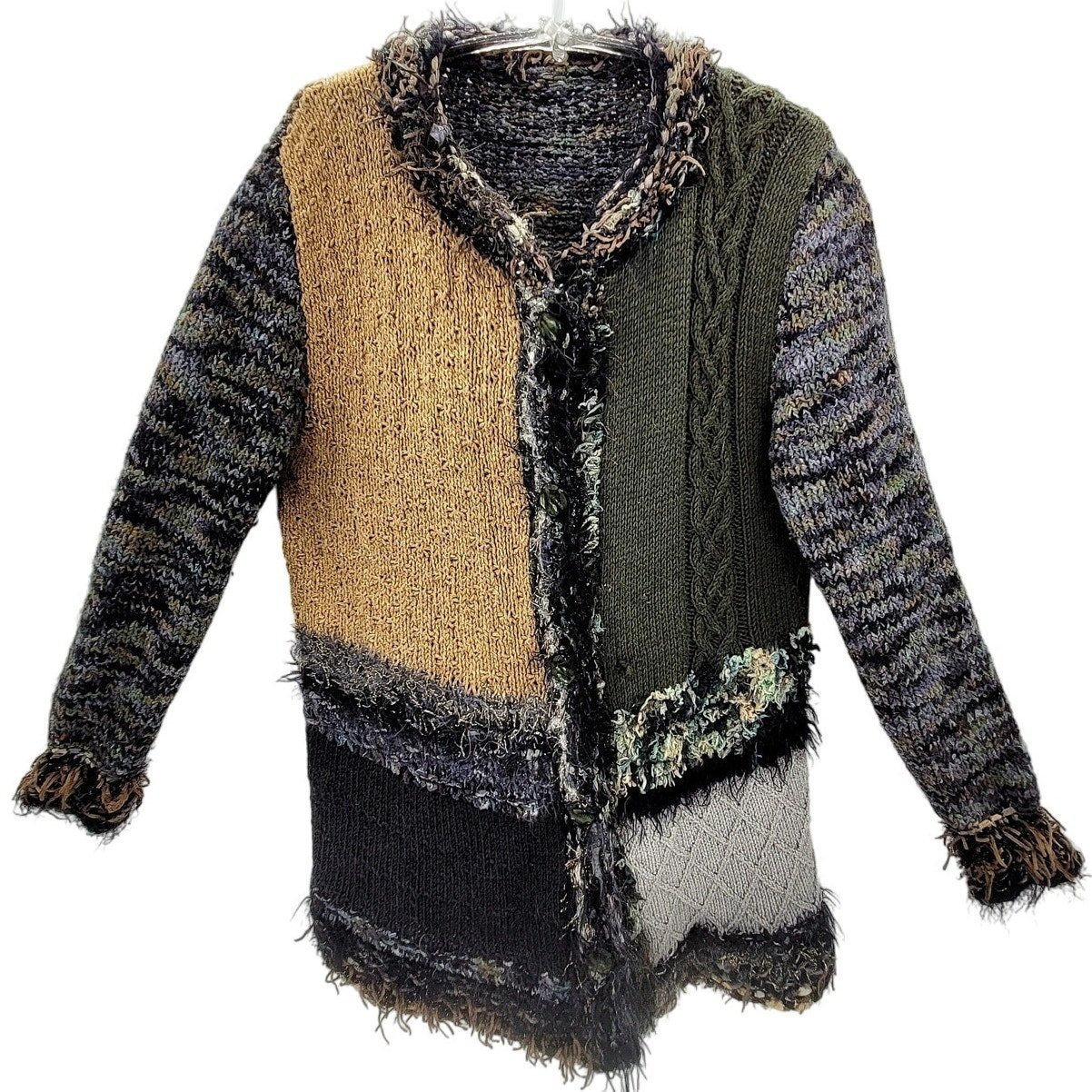 Vintage Homespun Patchwork Eclectic Knit 5 Button Mid Length Cardigan Sweater