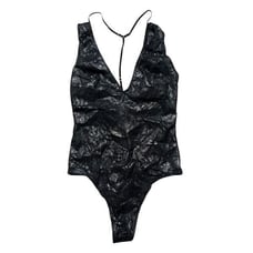VINTAGE VICTORIA’S SECRET Women's Black Silver Metallic Shine Lace Bodysuit Ling