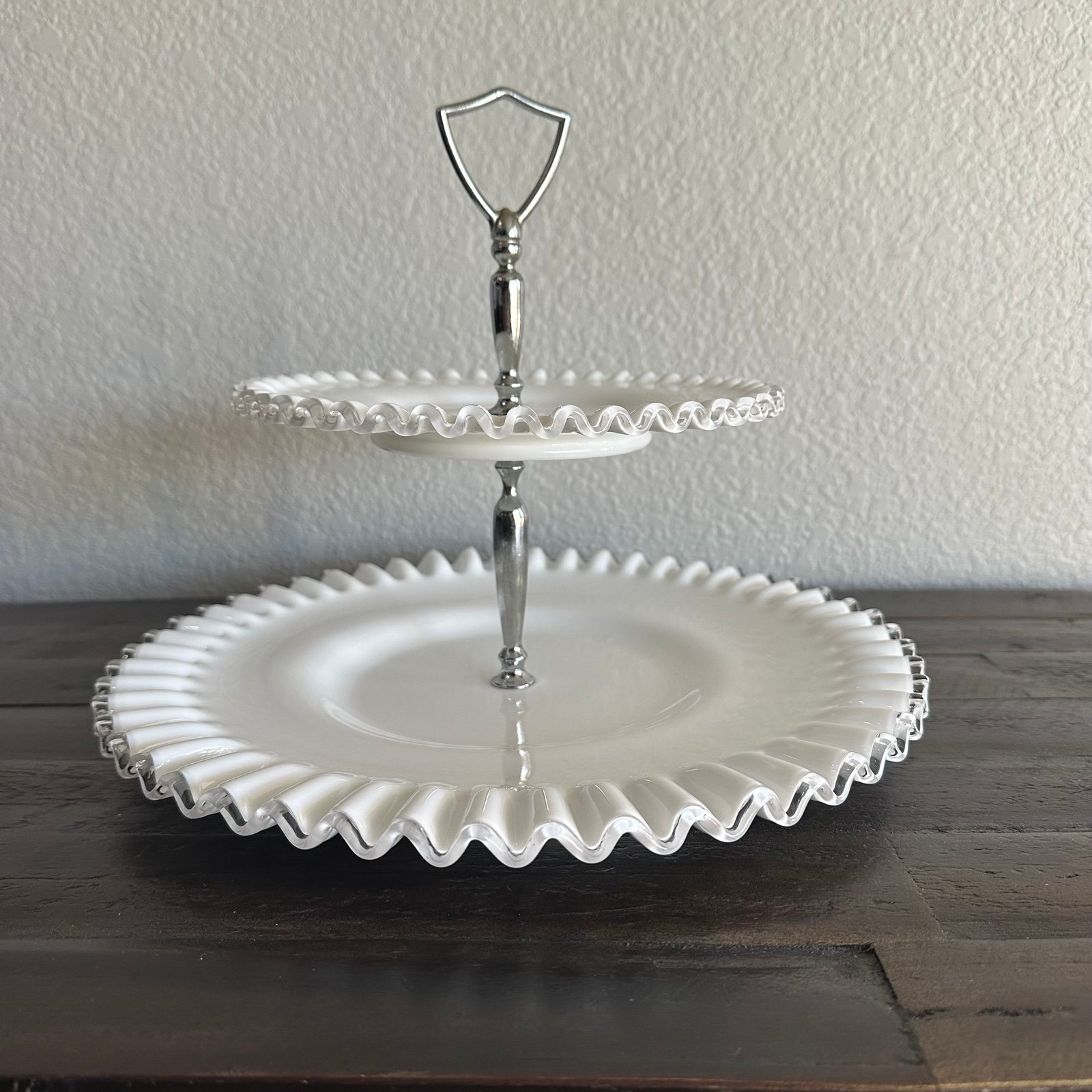 Fenton Silver Crest Milk Glass Clear Ruffled Edge Two-Tiered Serving Dish