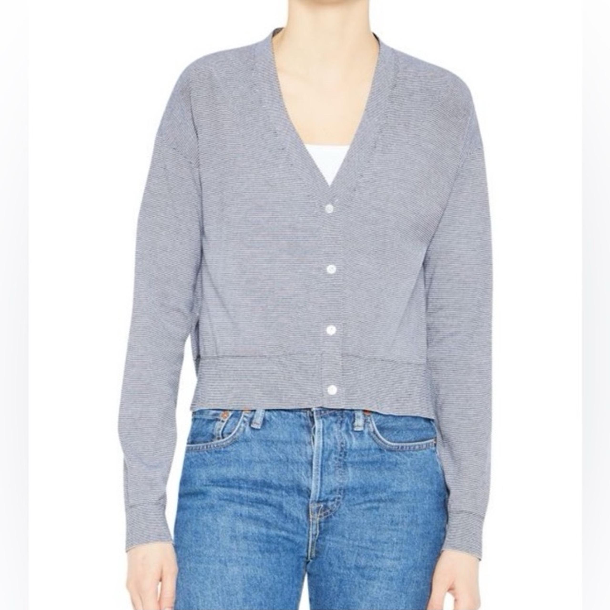 Theory Hanelee Cardigan Sweater Button-Front Striped Cotton Women XS Navy/White