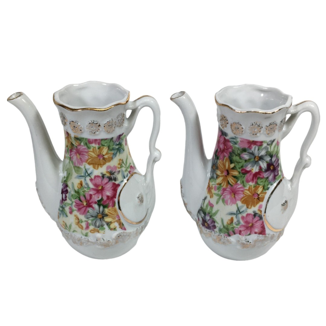 2 Tilso Porcelain Pitcher Small Teapot Flower Bud Vase Set Vtg Japan Floral Pair