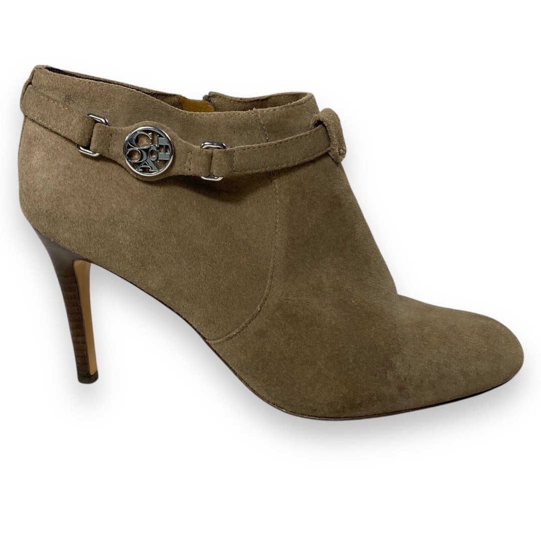 Coach High Heel Ankle Boot Booties Womens 9.5 B Tan Saline Faux Suede SEE