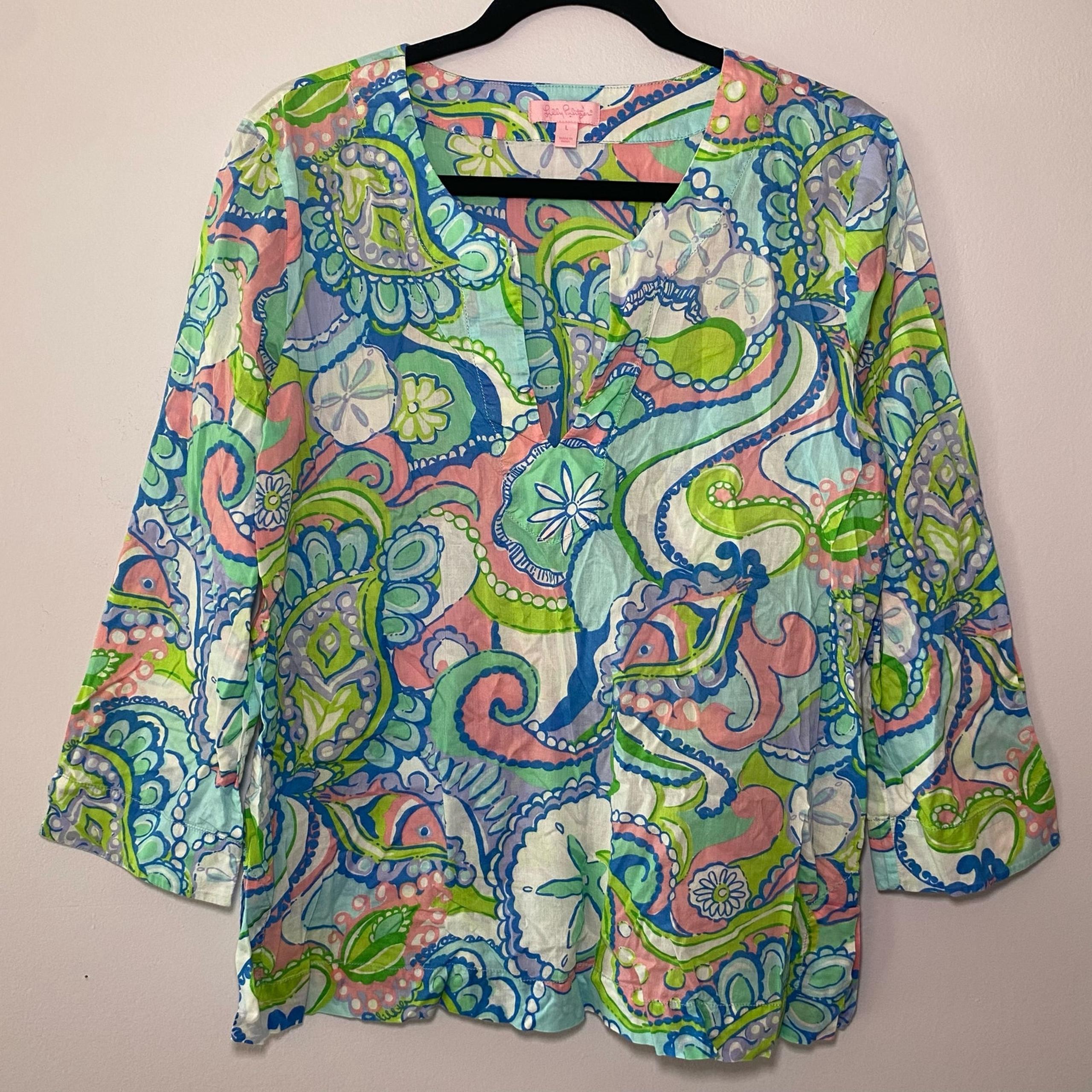 Lilly Pulitzer Women size Large Bright Multicolor Fish Sea Tunic Long Sleeve Top